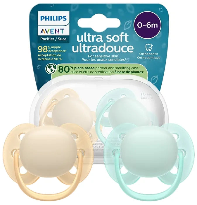 Chupete Philips Avent Ultra Soft 0-6 meses, beige/azul, paquete de 2