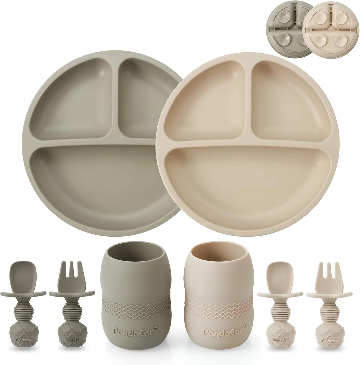 PandaEar - Juego de Alimentación de Silicona para Bebés | Paquete de 2 Platos de Succión Divididos de Silicona y Paquete de 2 Tazas Pequeñas con 2 Cucharas 2 Tenedores |