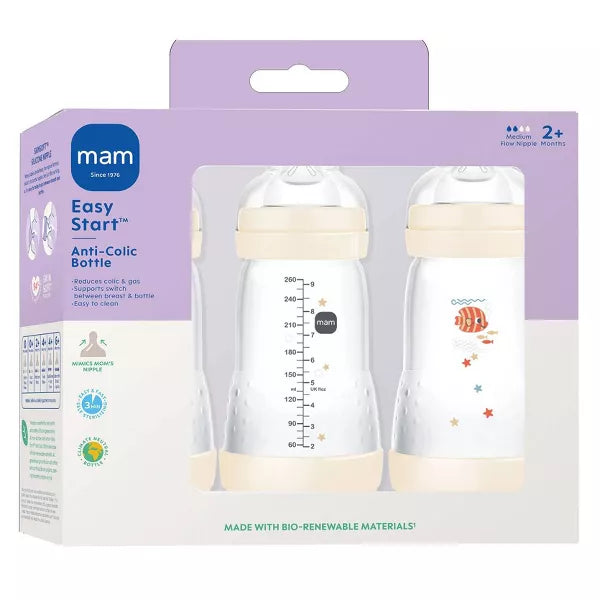 Biberones anticólicos MAM Easy Start de 9 onzas, paquete de 3, beige