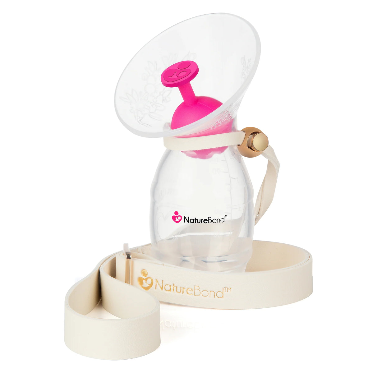 Extractor de leche de silicona NatureBond con tapa, tapón, correa y bolsa.