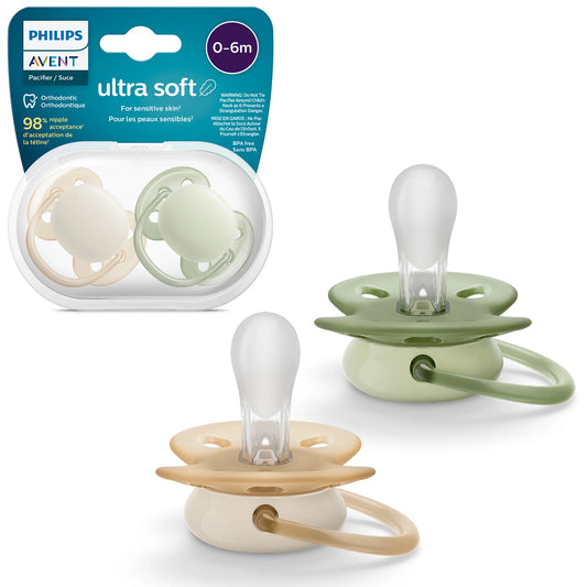 Chupete Philips Avent Ultra Soft 0-6 meses, beige/verde, paquete de 2