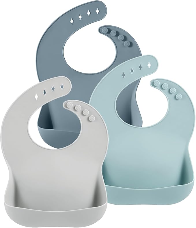 Baberos de silicona PandaEar para bebé (paquete de 3) azul y gris