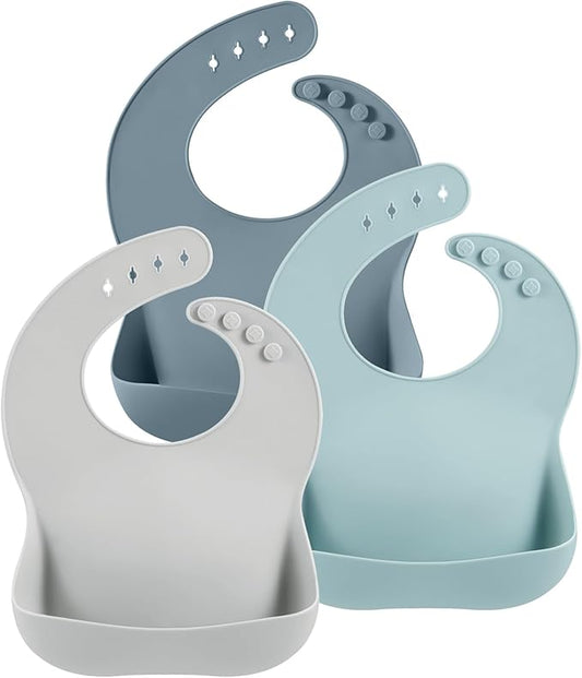Baberos de silicona PandaEar para bebé (paquete de 3) azul y gris