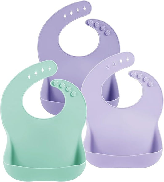 Pack de 3 baberos de silicona para bebés y niños pequeños, verde y morado