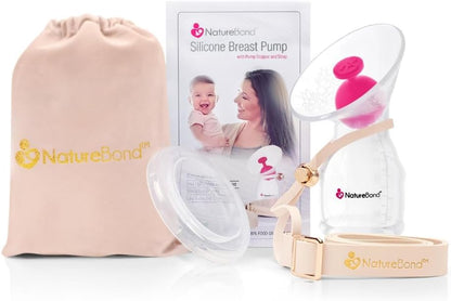 Extractor de leche de silicona NatureBond con tapa, tapón, correa y bolsa.