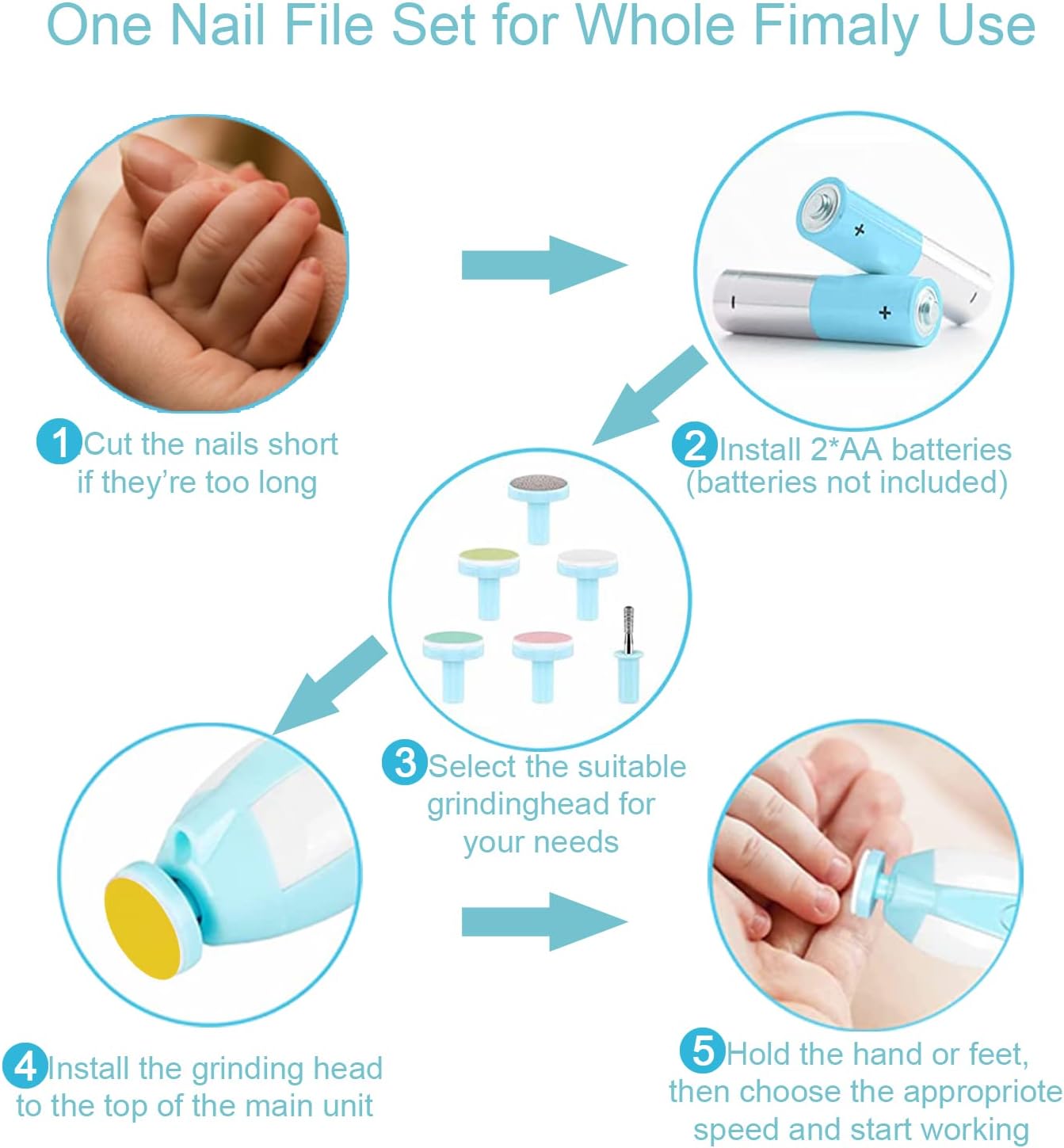 Lima de uñas eléctrica para bebé con luz LED