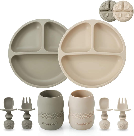 PandaEar - Juego de Alimentación de Silicona para Bebés | Paquete de 2 Platos de Succión Divididos de Silicona y Paquete de 2 Tazas Pequeñas con 2 Cucharas 2 Tenedores |