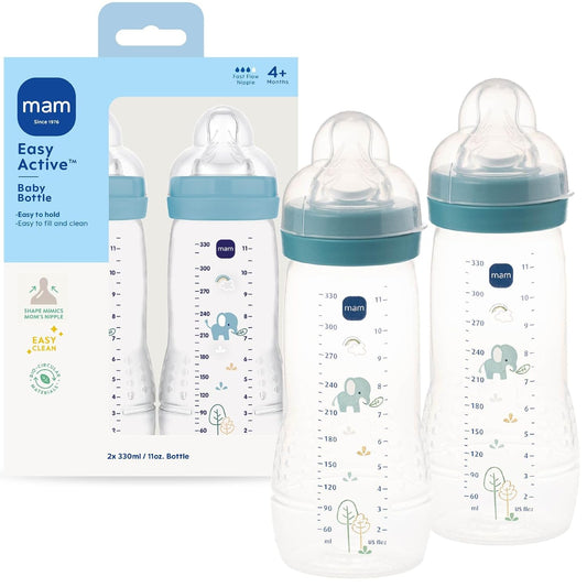 Biberón anticólicos MAM Natural Flow Active, 11 oz, paquete de 2 unidades - azul