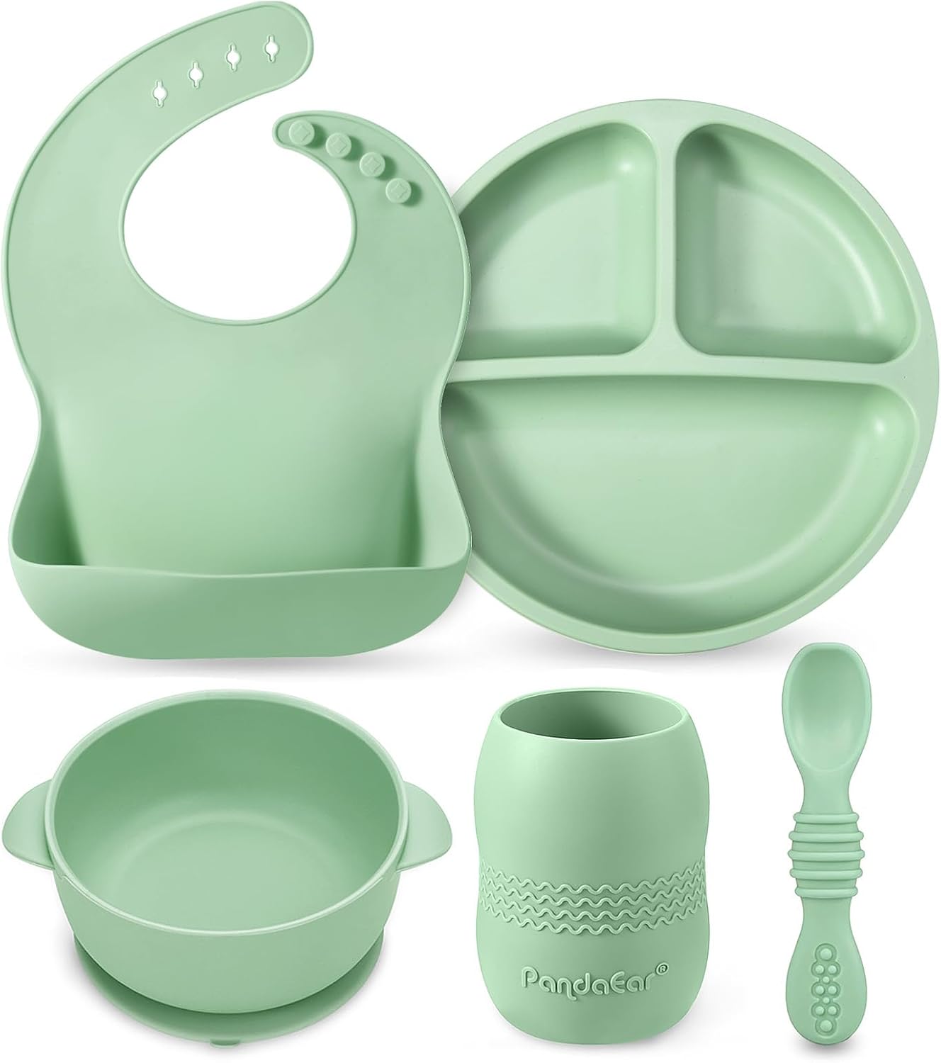 PandaEar Juego de alimentación de silicona para bebés de 6 a 12 meses | Suministros de destete LED - Babero + plato con ventosa + taza + cuencos y cuchara