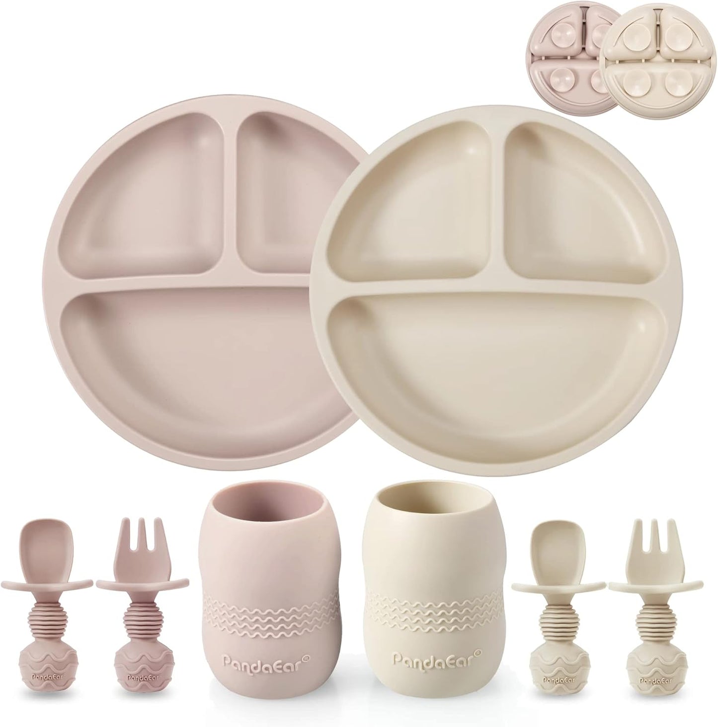 PandaEar - Juego de alimentación para bebés de silicona, paquete de 2 - Plato de succión dividido, 2 tazas pequeñas con cucharas, sin BPA, color beige