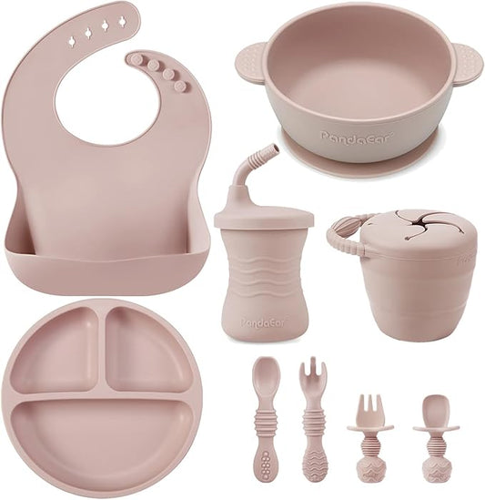 Juego de alimentación de silicona PandaEar para bebés, 9 piezas, rosa
