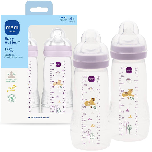 Biberón anticólicos MAM Natural Flow Active, 11 oz, paquete de 2 unidades - morado