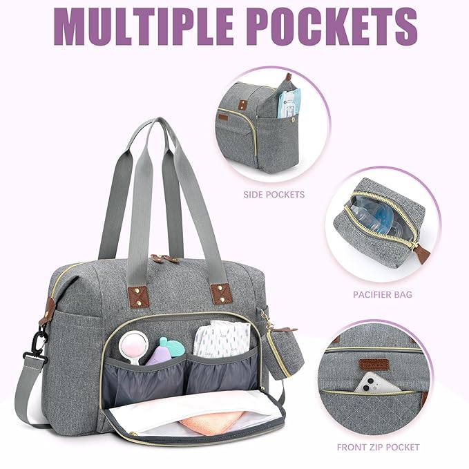Pañalera tipo bolso, grande, color gris claro