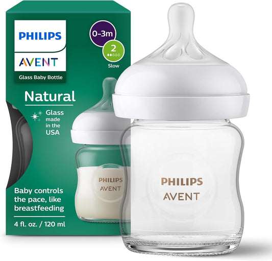Biberón de vidrio Philips Avent Natural con tetina Natural Response (flujo lento), 4 oz