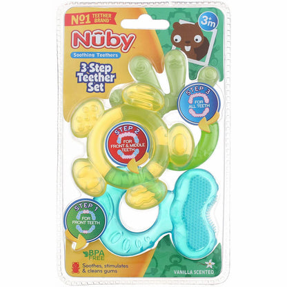 Set de 3 mordedores calmantes Nuby de 3 pasos para niño | 3+ meses