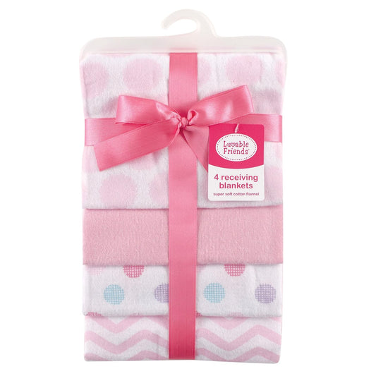 Mantas de franela para bebé Little Treasure Luvable Friends, paquete de 4, color rosa con lunares