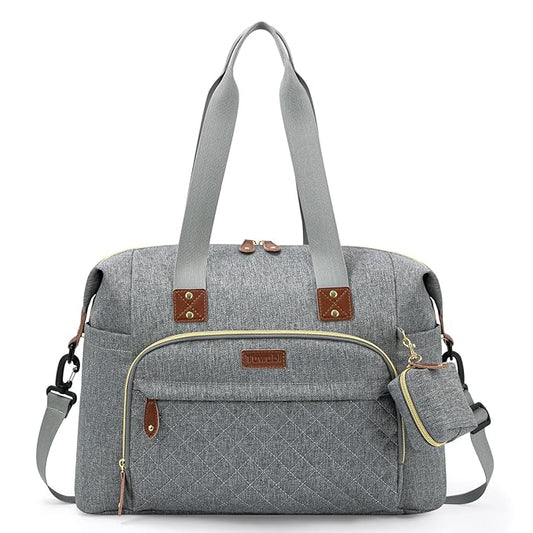 Pañalera tipo bolso, grande, color gris claro