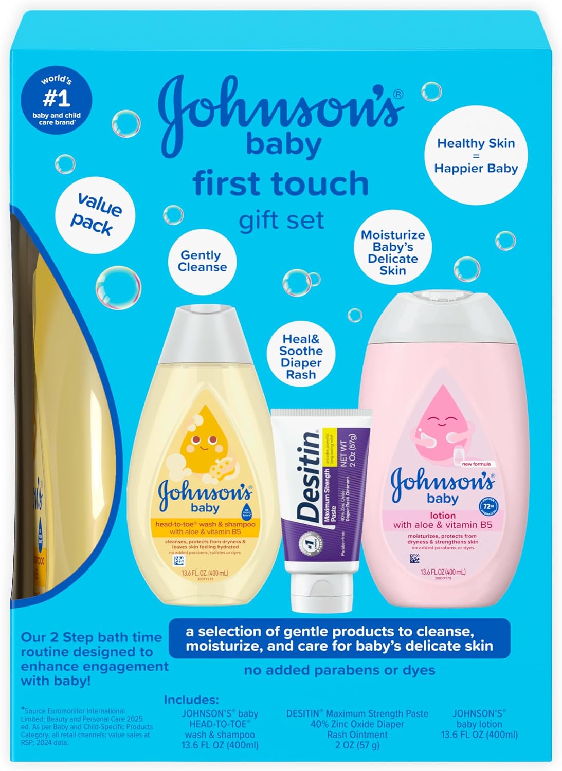 Johnson's Baby First Touch Baby Essentials Set de regalo con gel de baño y champú, loción corporal y pasta de óxido de zinc para la piel delicada del bebé, hipoalergénico, sin parabenos ni tintes añadidos