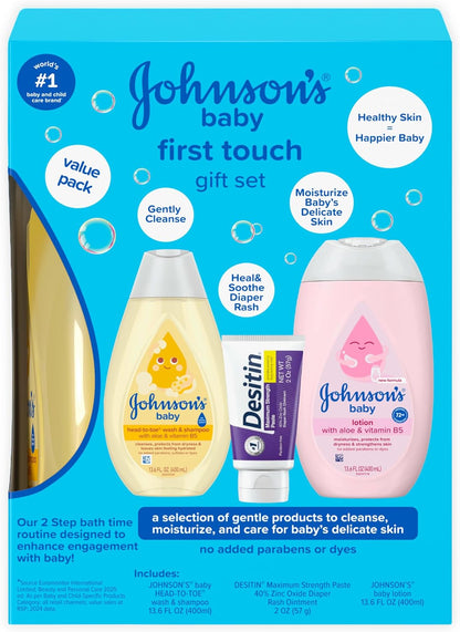 Johnson's Baby First Touch Baby Essentials Set de regalo con gel de baño y champú, loción corporal y pasta de óxido de zinc para la piel delicada del bebé, hipoalergénico, sin parabenos ni tintes añadidos