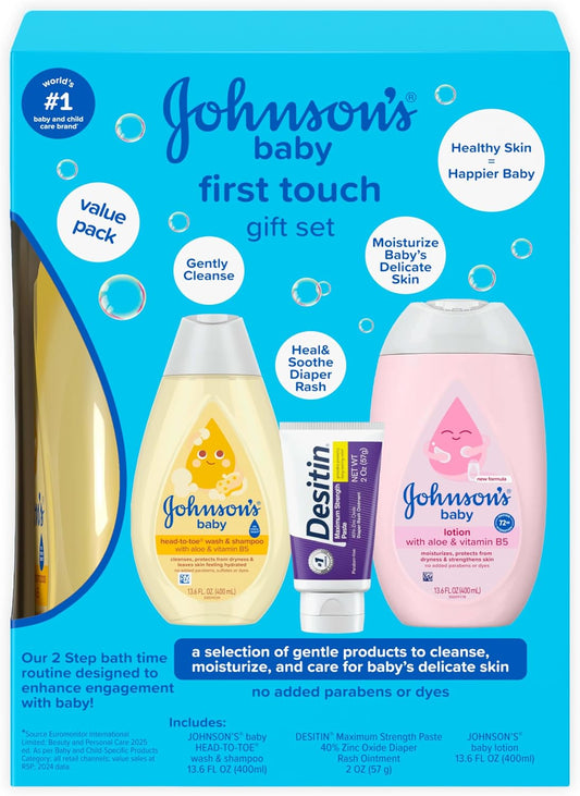 Johnson's Baby First Touch Baby Essentials Set de regalo con gel de baño y champú, loción corporal y pasta de óxido de zinc para la piel delicada del bebé, hipoalergénico, sin parabenos ni tintes añadidos