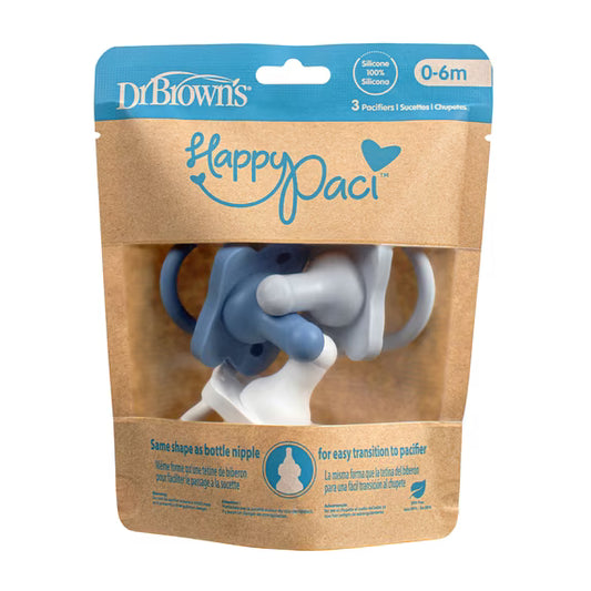 Dr. Brown's HappyPaci - Chupete de bebé 100% de silicona, diseño contorneado de una pieza, blanco, azul, azul claro, 0.0-19.7 ft, sin BPA, paquete de 3