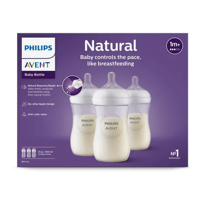 Biberón Philips Avent Natural (9 oz), paquete de 3, transparente
