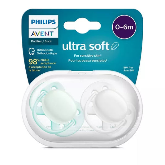 Chupete Philips Avent Ultra Soft 0-6 meses, aqua/blanco, paquete de 2