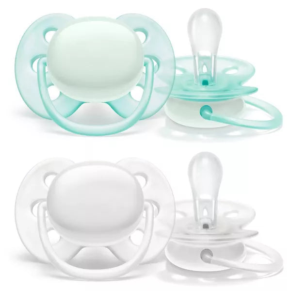 Chupete Philips Avent Ultra Soft 0-6 meses, aqua/blanco, paquete de 2