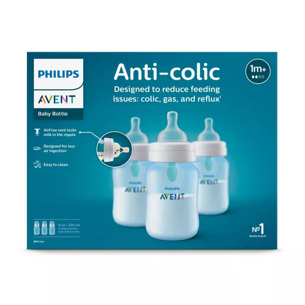 Biberón anticólicos Philips Avent con ventilación AirFree, 9 oz, paquete de 3, azul
