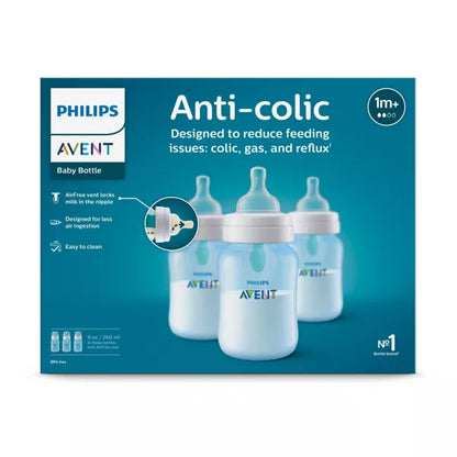 Biberón anticólicos Philips Avent con ventilación AirFree, 9 oz, paquete de 3, azul