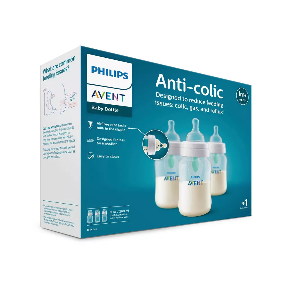 Biberón anticólicos Philips Avent con ventilación AirFree, 9 oz, paquete de 3, transparente