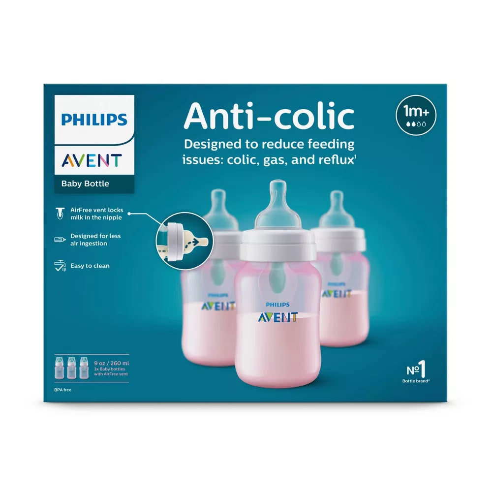 Biberón anticólicos Philips Avent con ventilación AirFree, 9 oz, paquete de 3, rosado