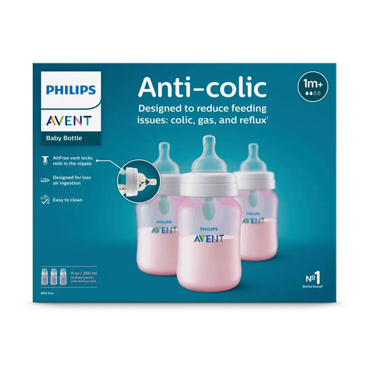 Biberón anticólicos Philips Avent con ventilación AirFree, 9 oz, paquete de 3, rosado
