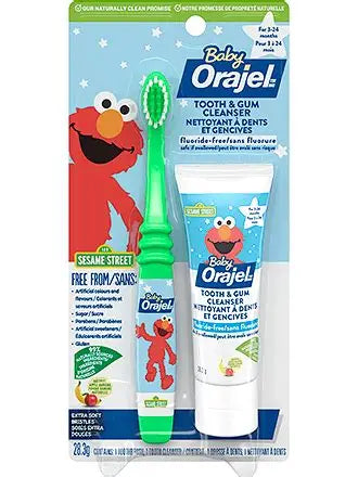 Pasta dental de entrenamiento Orajel Kids Elmo sin flúor, 1 cepillo de dientes, 1 pasta dental de 1 oz; la pasta dental sin flúor n.° 1 recomendada por pediatras