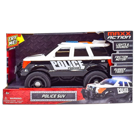 Sunny Days Entertainment Maxx Action - Juguete grande de coche de policía de 12 pulgadas, sonidos de sirena y luces brillantes, conducción motorizada y neumáticos de agarre suave, vehículo de patrulla