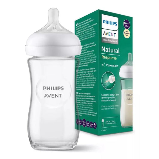 Biberón de vidrio Philips Avent Natural con tetina Natural Response (flujo medio), 8 oz